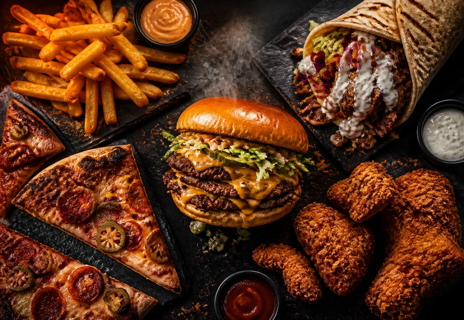 Takeaway spread of burgers, kebab wrap, pizza and fried chicken